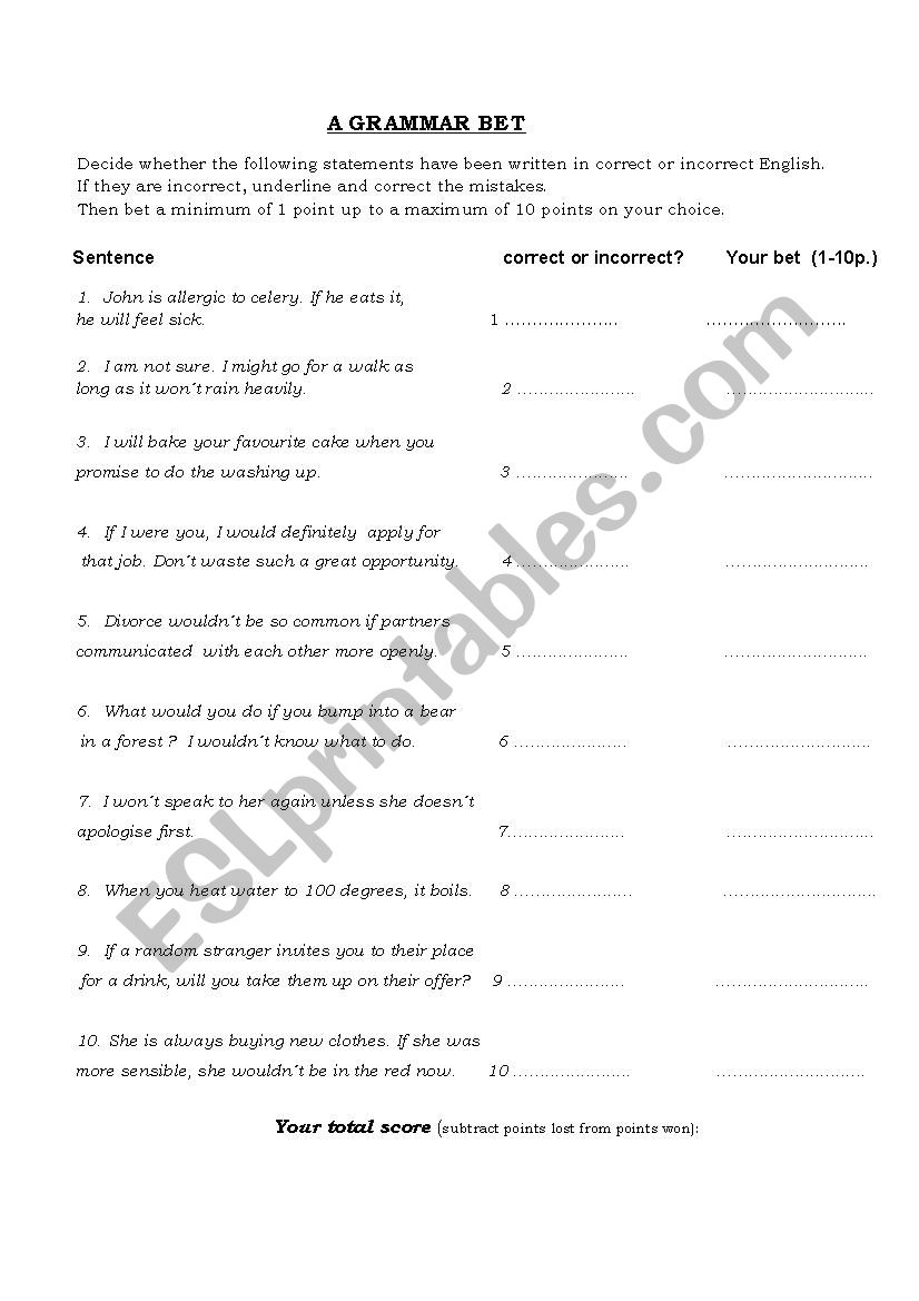 Grammar bet -conditionals worksheet