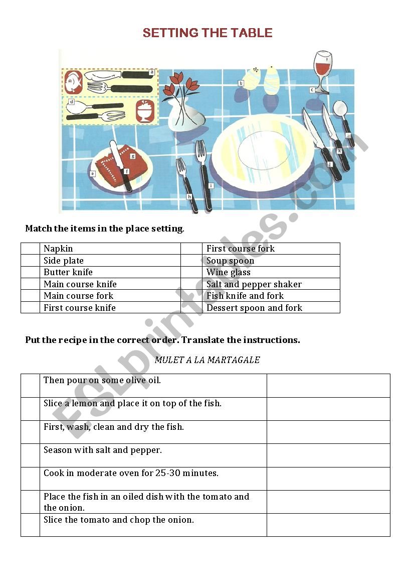 Tourism - setting the table worksheet