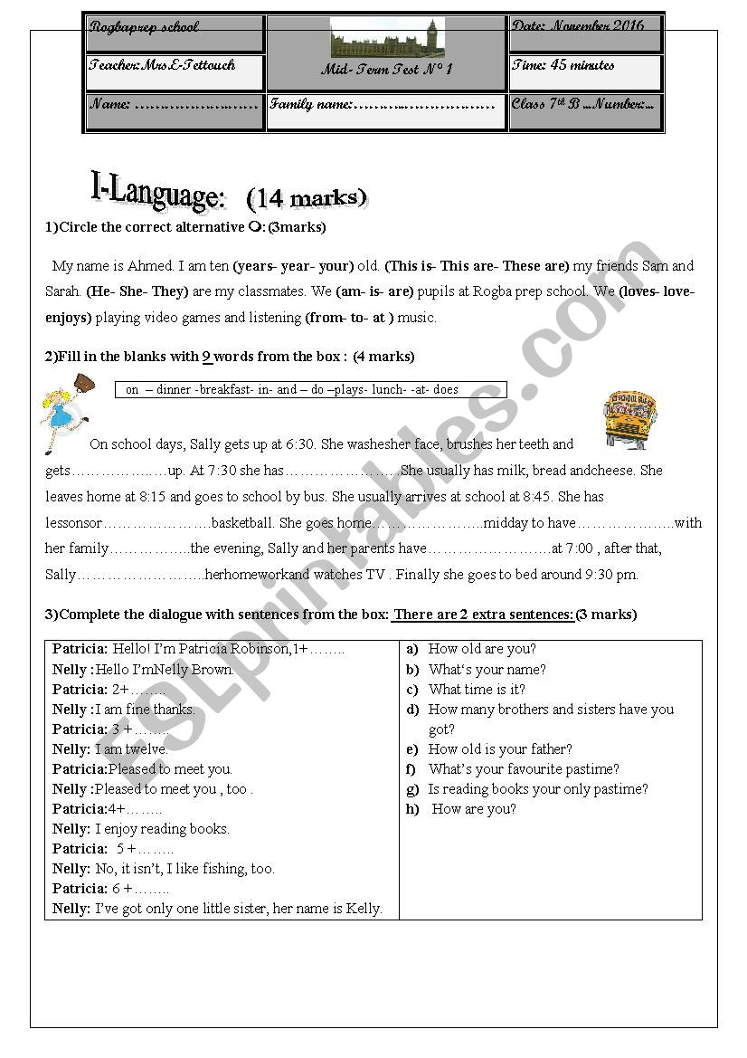 mid semester test n1 worksheet