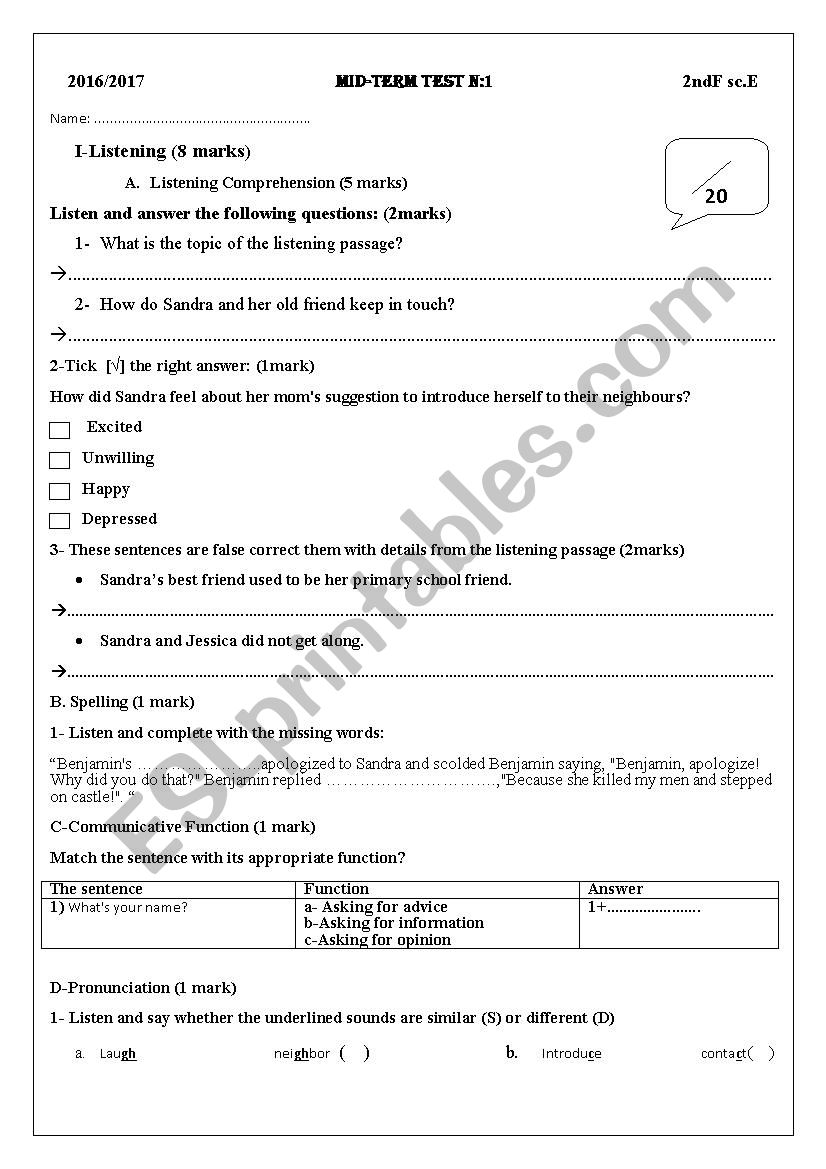 Mid-term test 1 2nd Form  worksheet