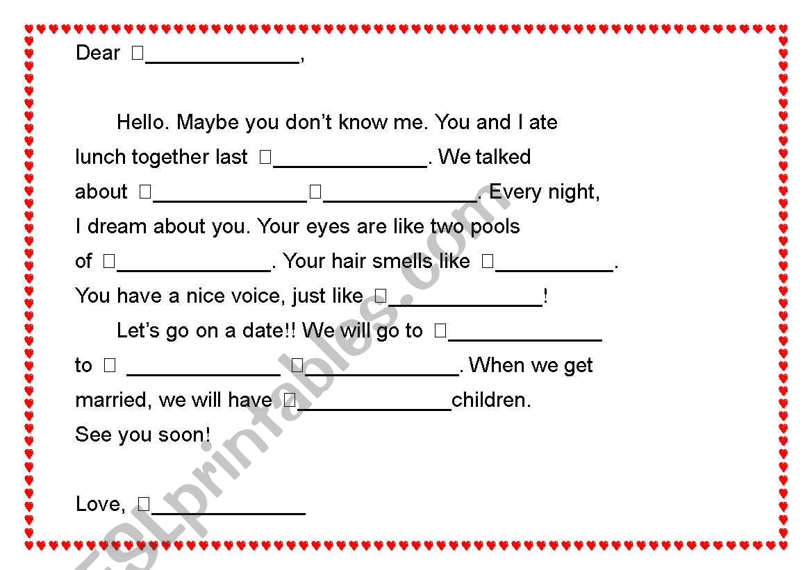 Mad Libs-a love letter 2 worksheet
