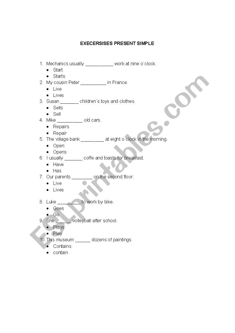 Exercises present simple worksheet