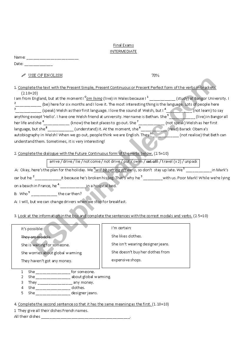 Final Exams Intermediate worksheet