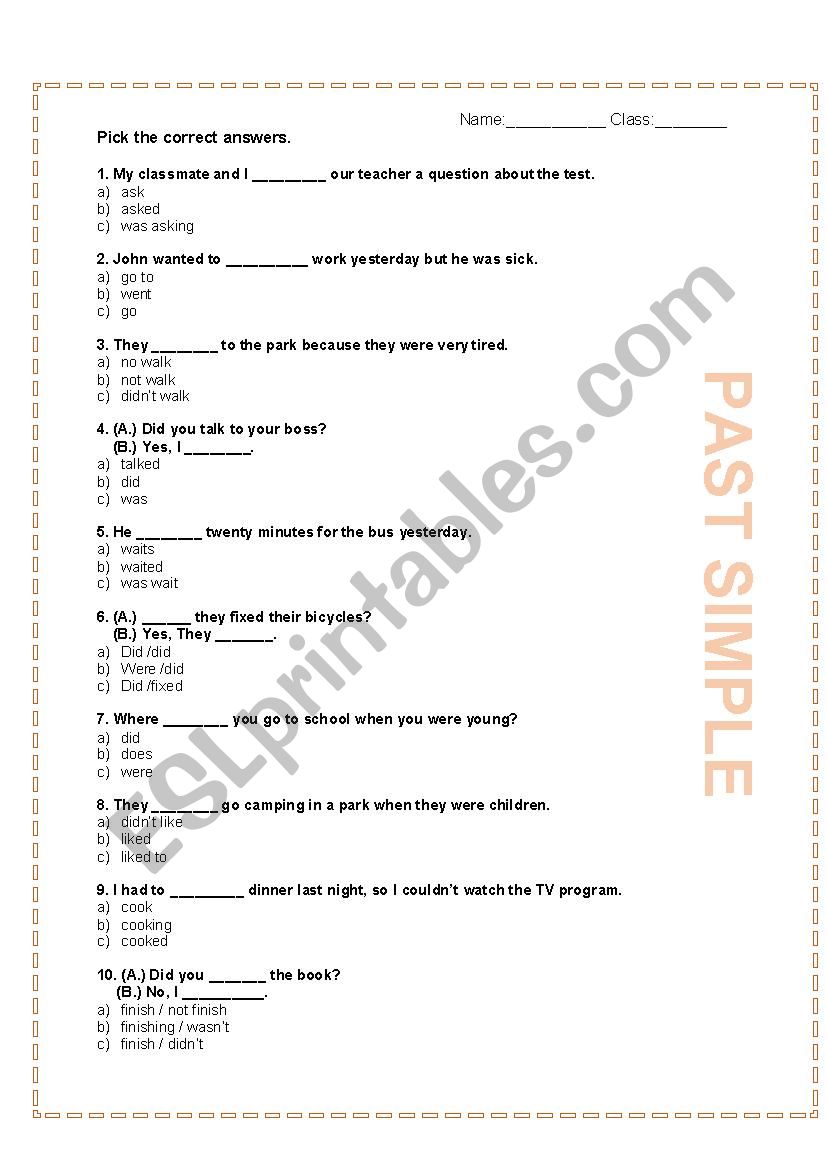 Past simple - Multiple choice worksheet