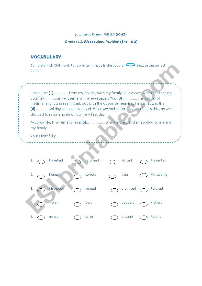 Vocabulary Revision worksheet