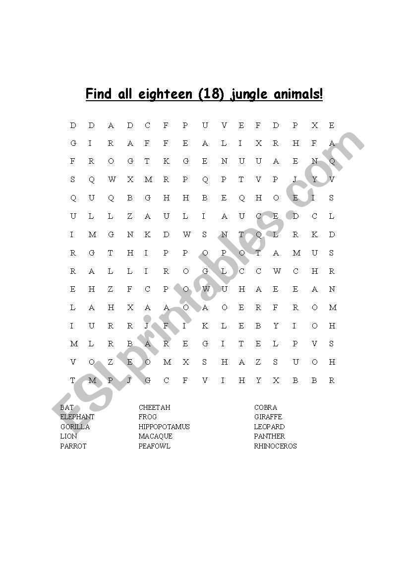 Jungle Animals Word search worksheet