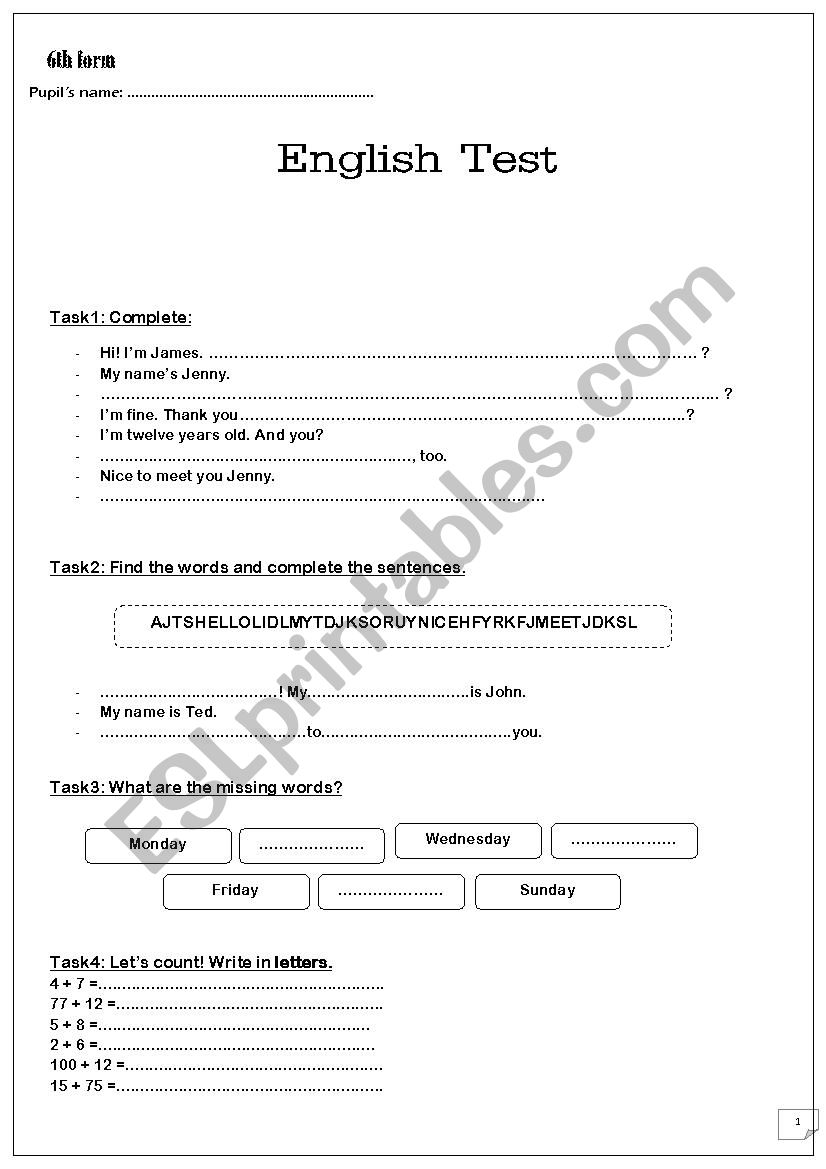 English Test fo 6th grade (Tunisian pupils)