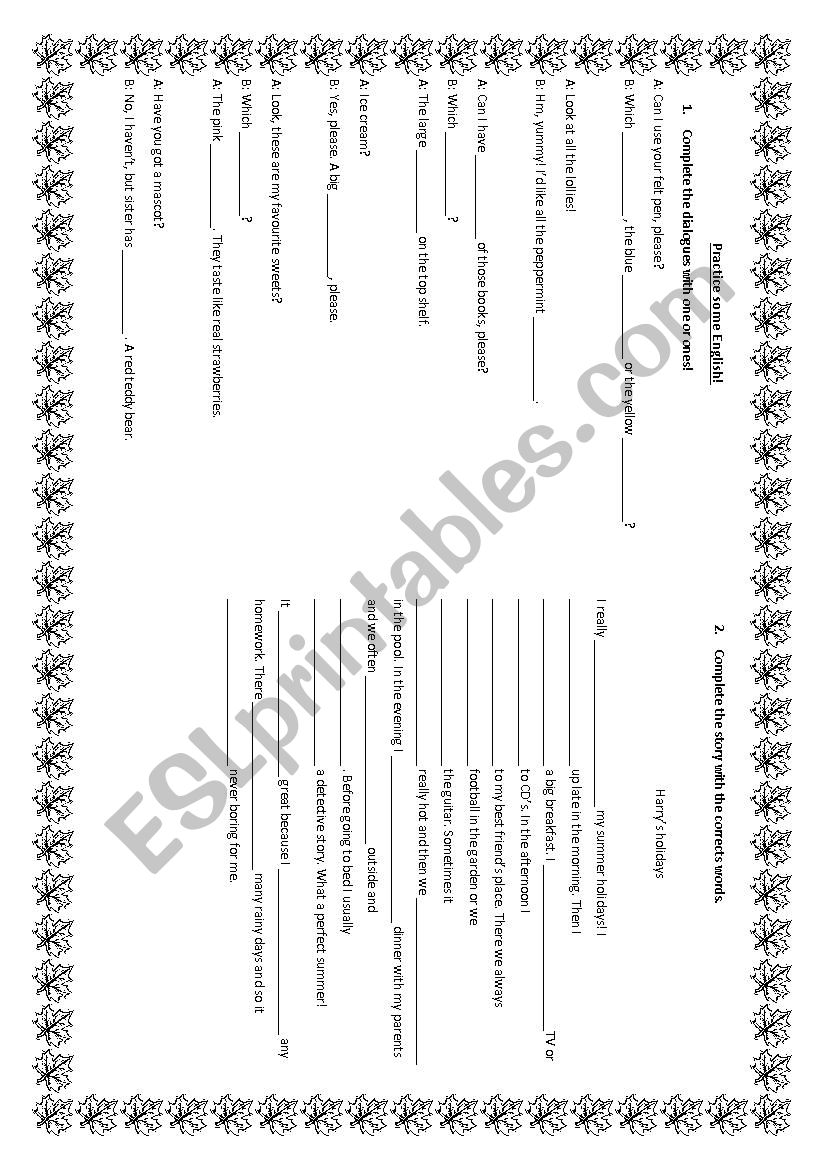 one ones gapped text worksheet