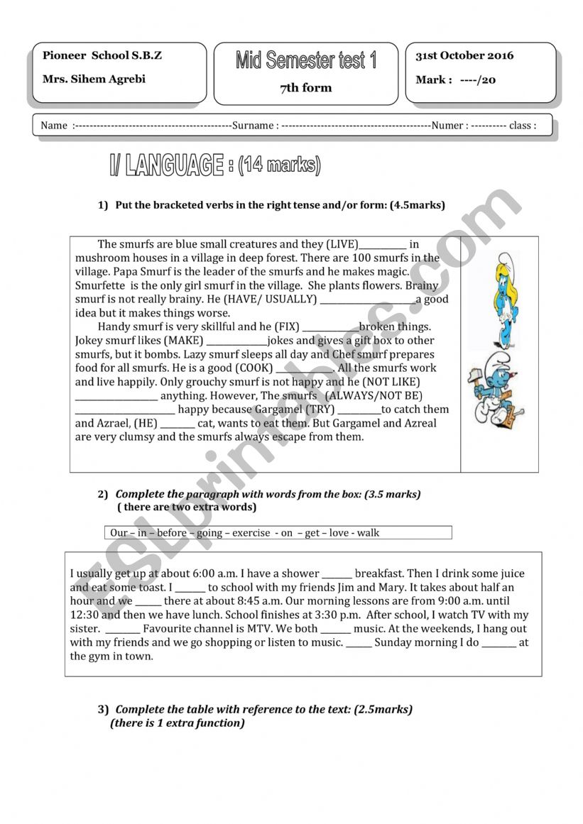 mid-term test  1 7th form worksheet