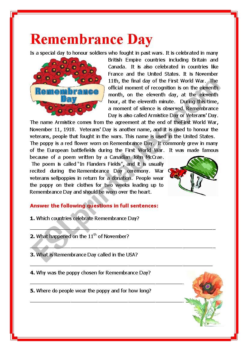 Remembrance Day  worksheet