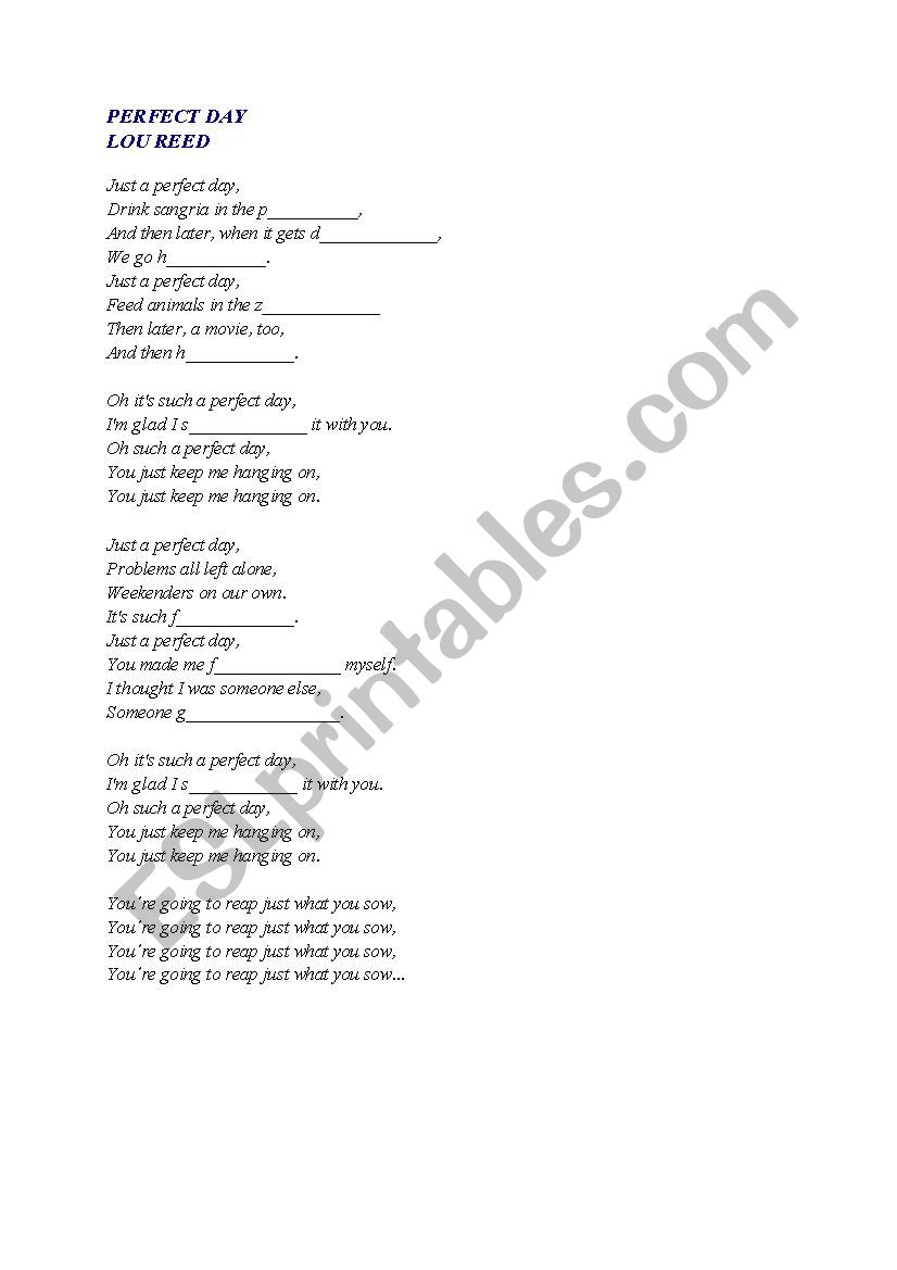 PERFECT DAY by  LOU REED  worksheet
