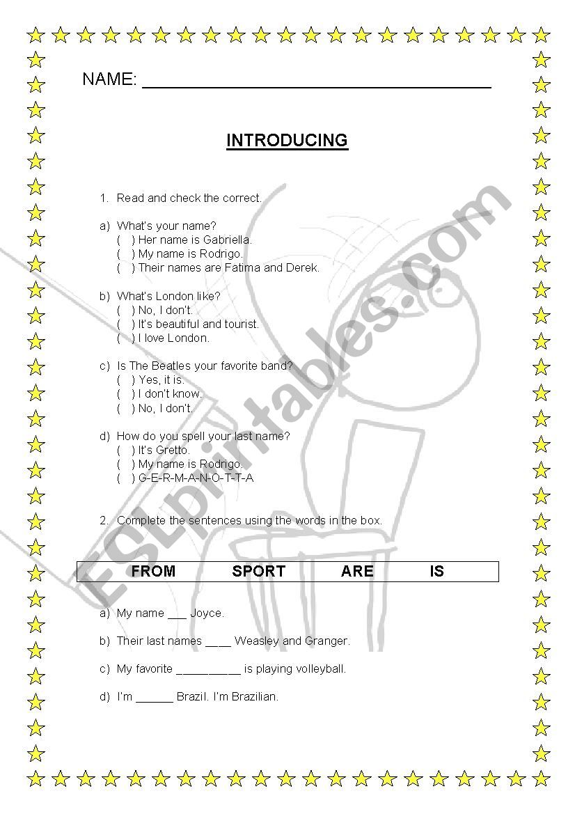 INTRODUCING - Questions worksheet