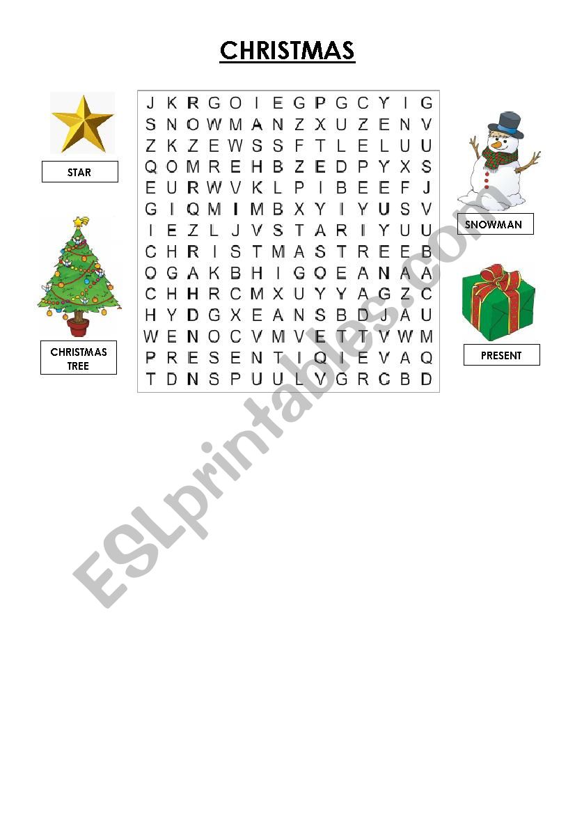 Christmas word search puzzle worksheet