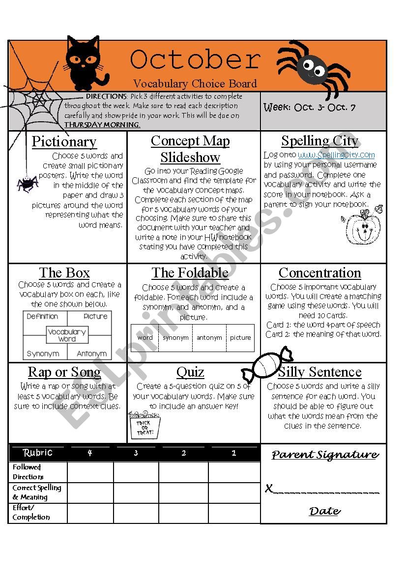 Vocabulary Choice Board worksheet