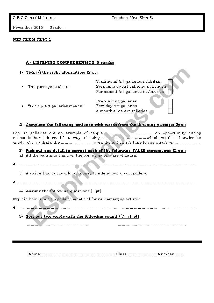 4th FORM MID TERM ENGLISH TEST (TUNISIAN OFFICIAL PROGRAM)