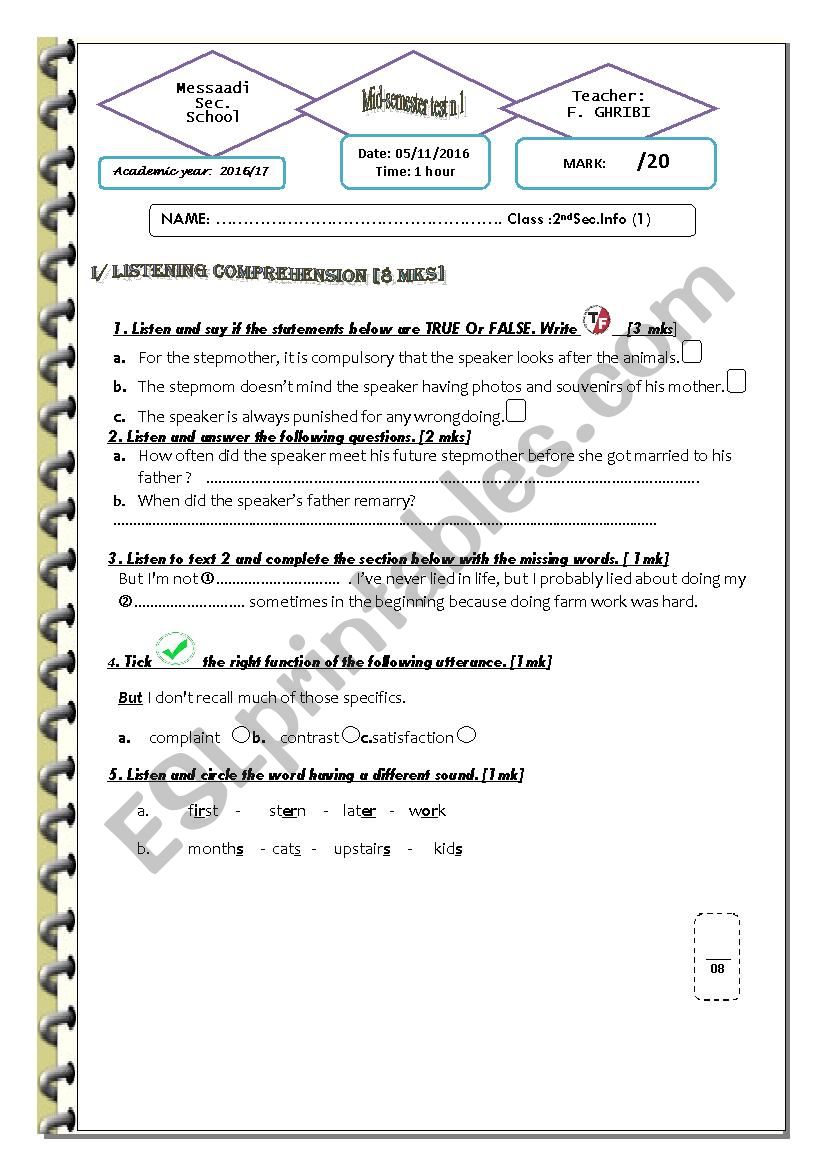 Mid-semester test  1  / 2nd sec    computer sciences 