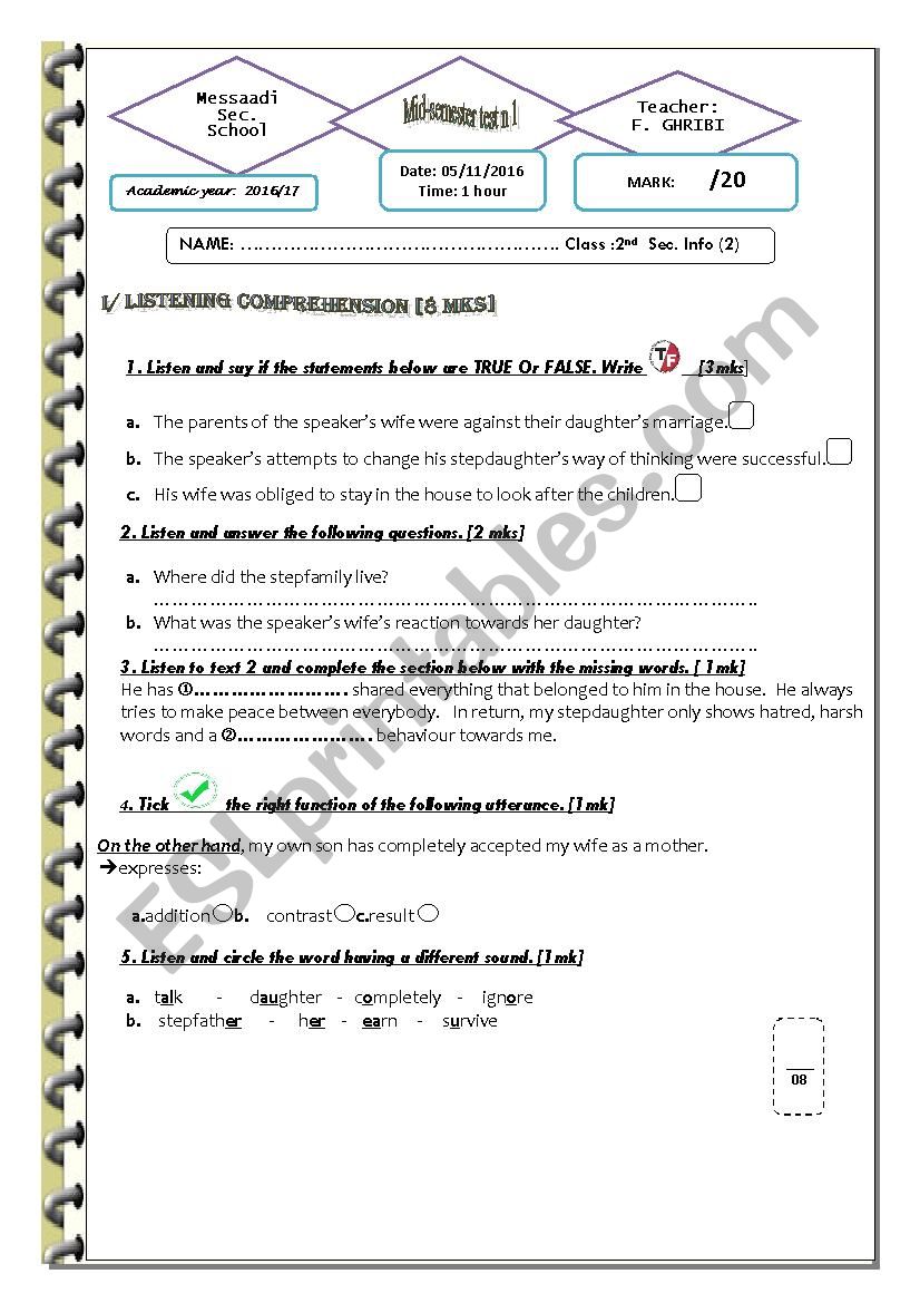 Mid-semester test  1  / 2nd sec    computer sciences 