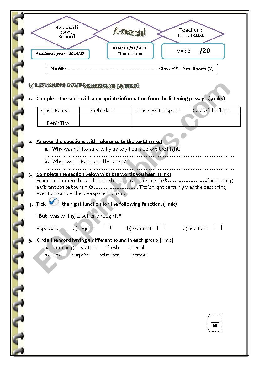 Mid-semester test  1  / 2nd sec    computer sciences 4th form sports