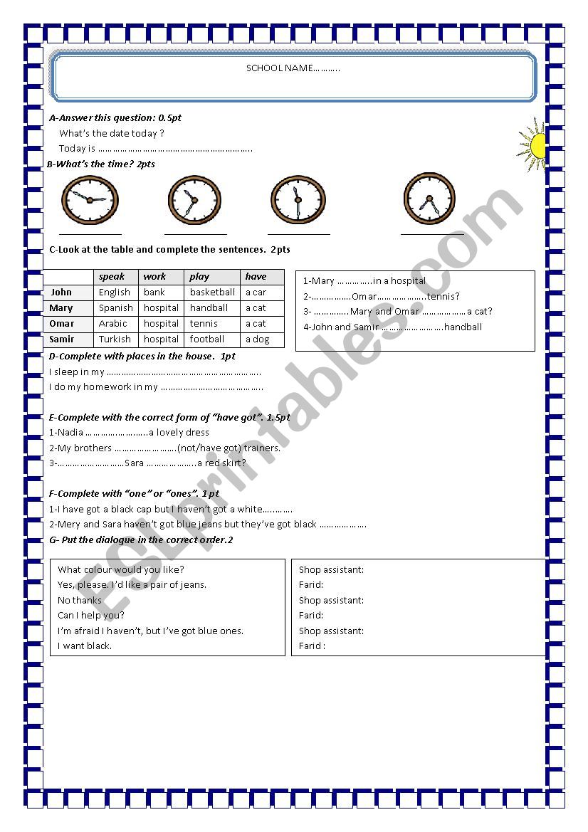 Quiz for 7th grade worksheet