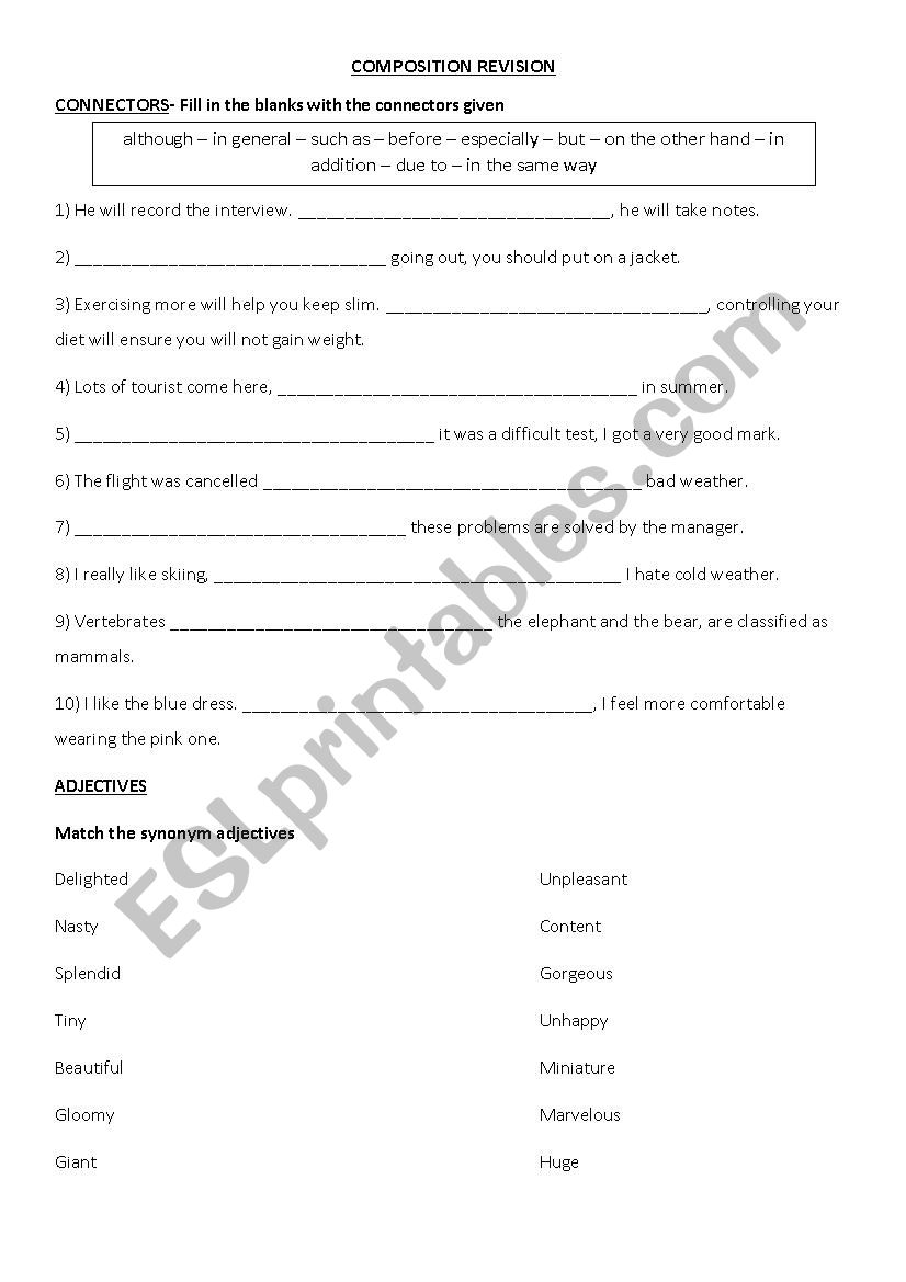 Connectors and synonym adjectives