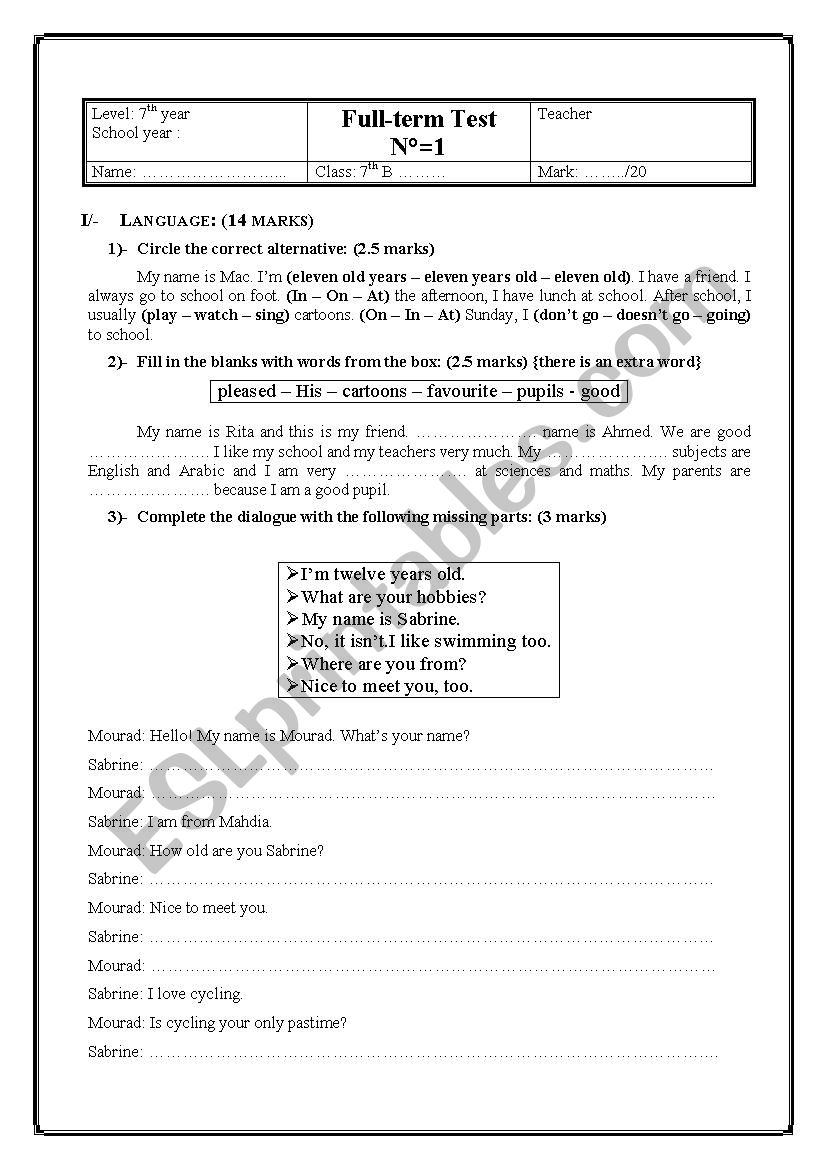 7th form full test N1 worksheet