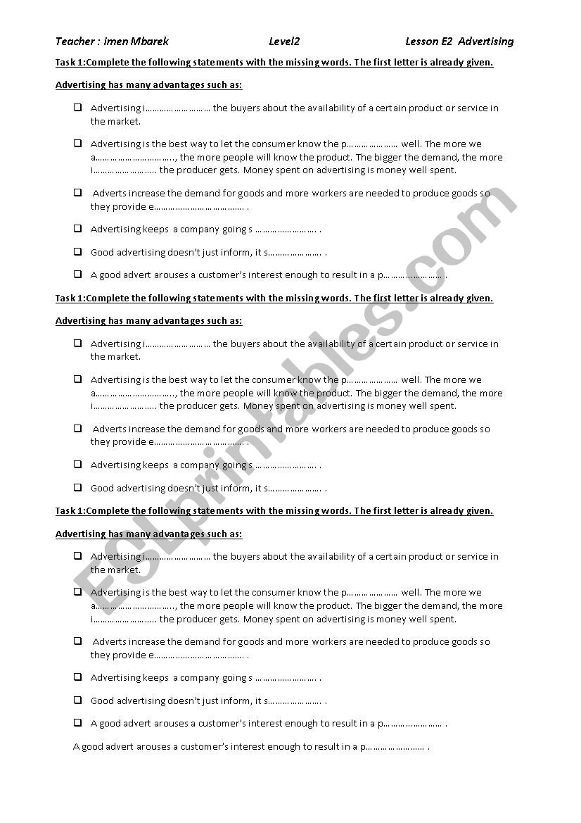 Lesson E2 Advertising worksheet