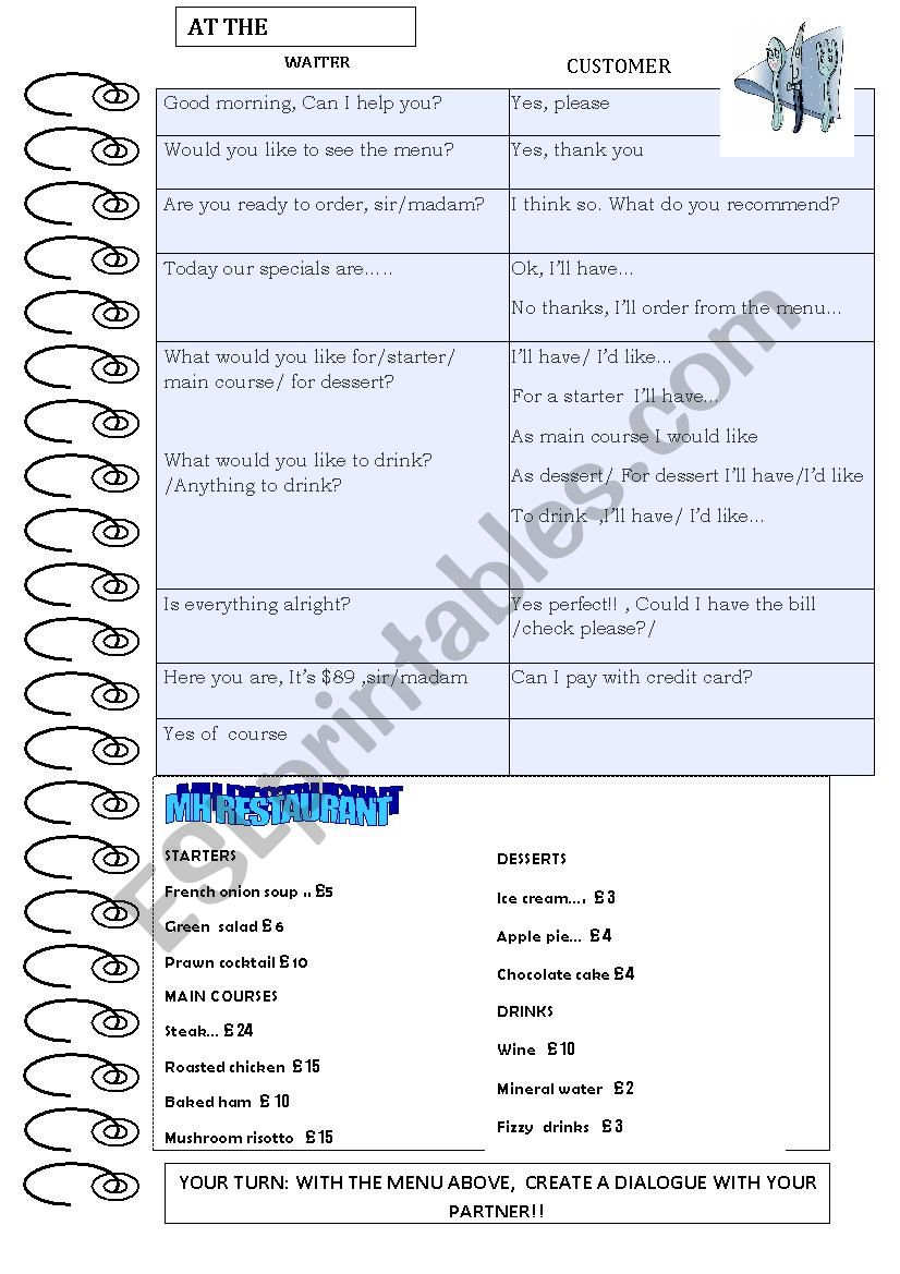 At the restaurant worksheet