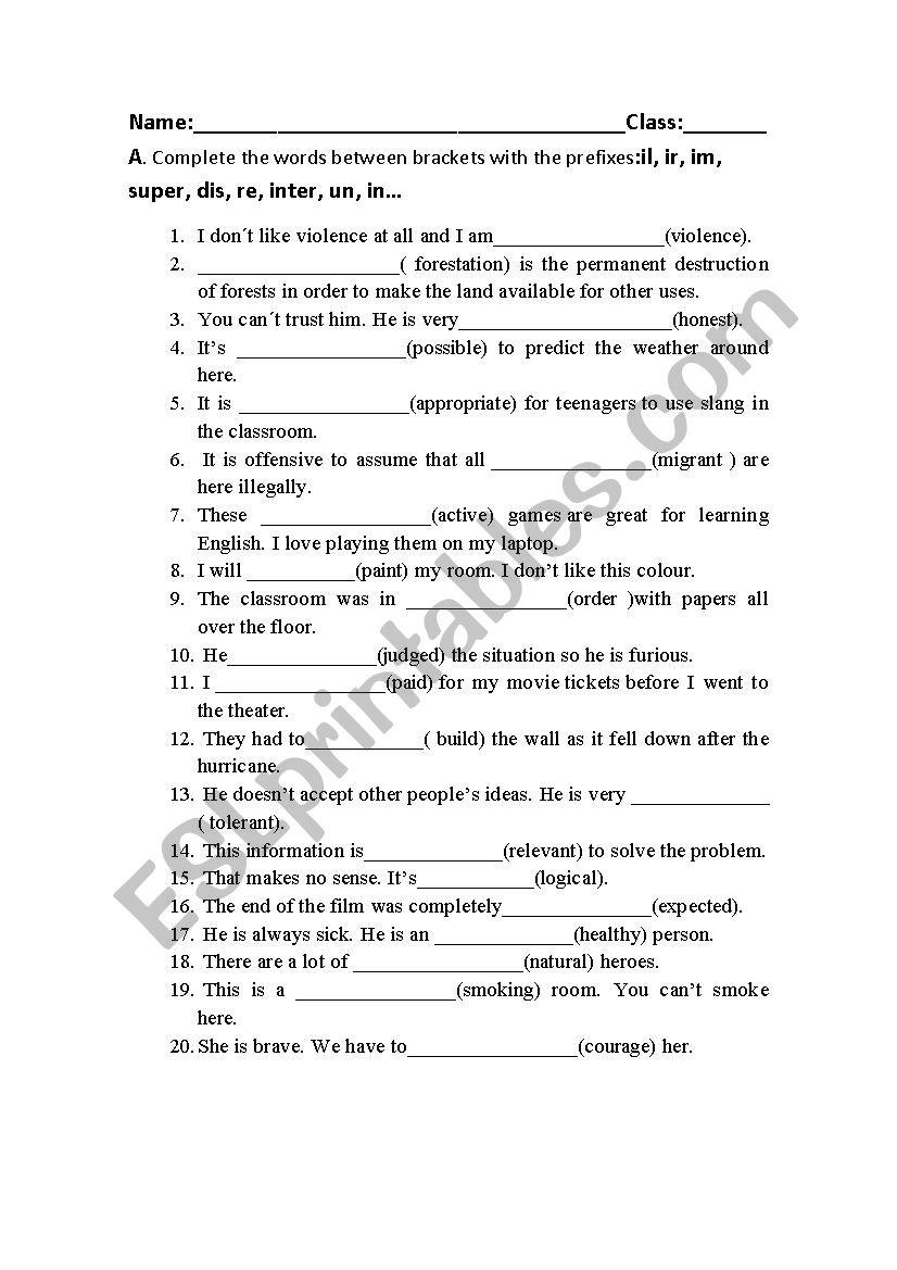 Prefixes worksheet