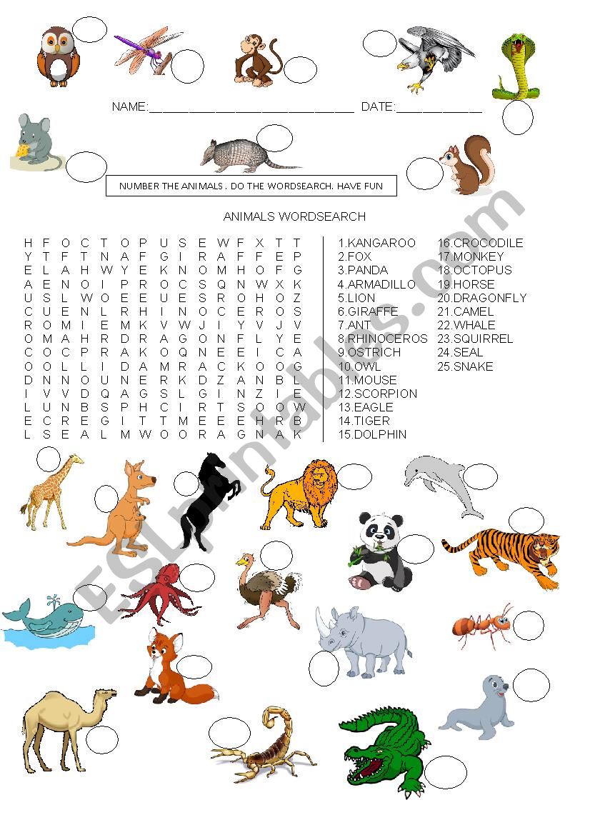 ANIMALS - WORDSEARCH - ESL worksheet by genteboa
