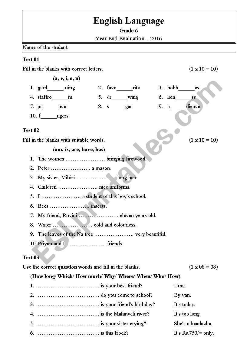 A collection of Activities for Year End Evaluation