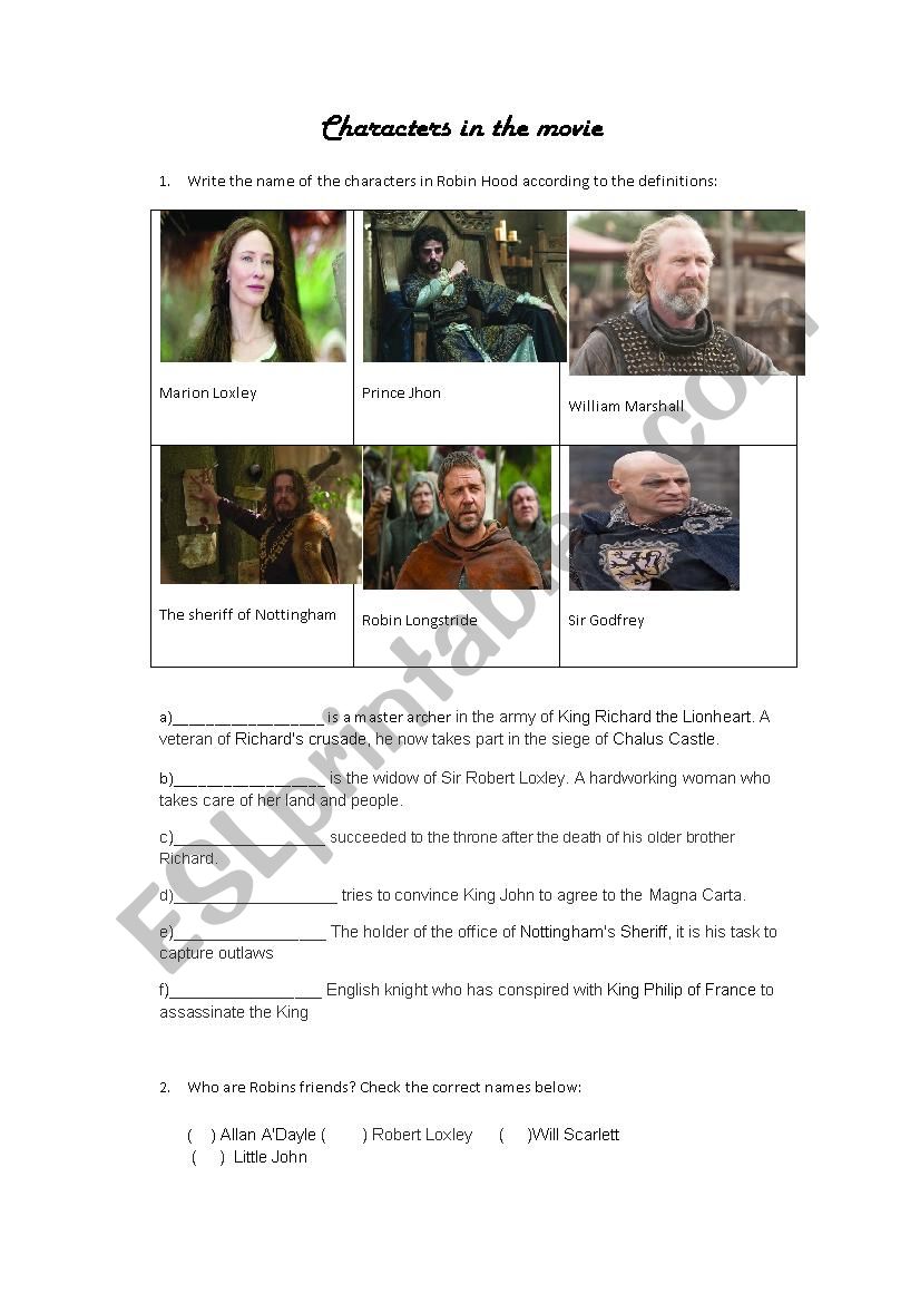 Robin Hood movie activity worksheet