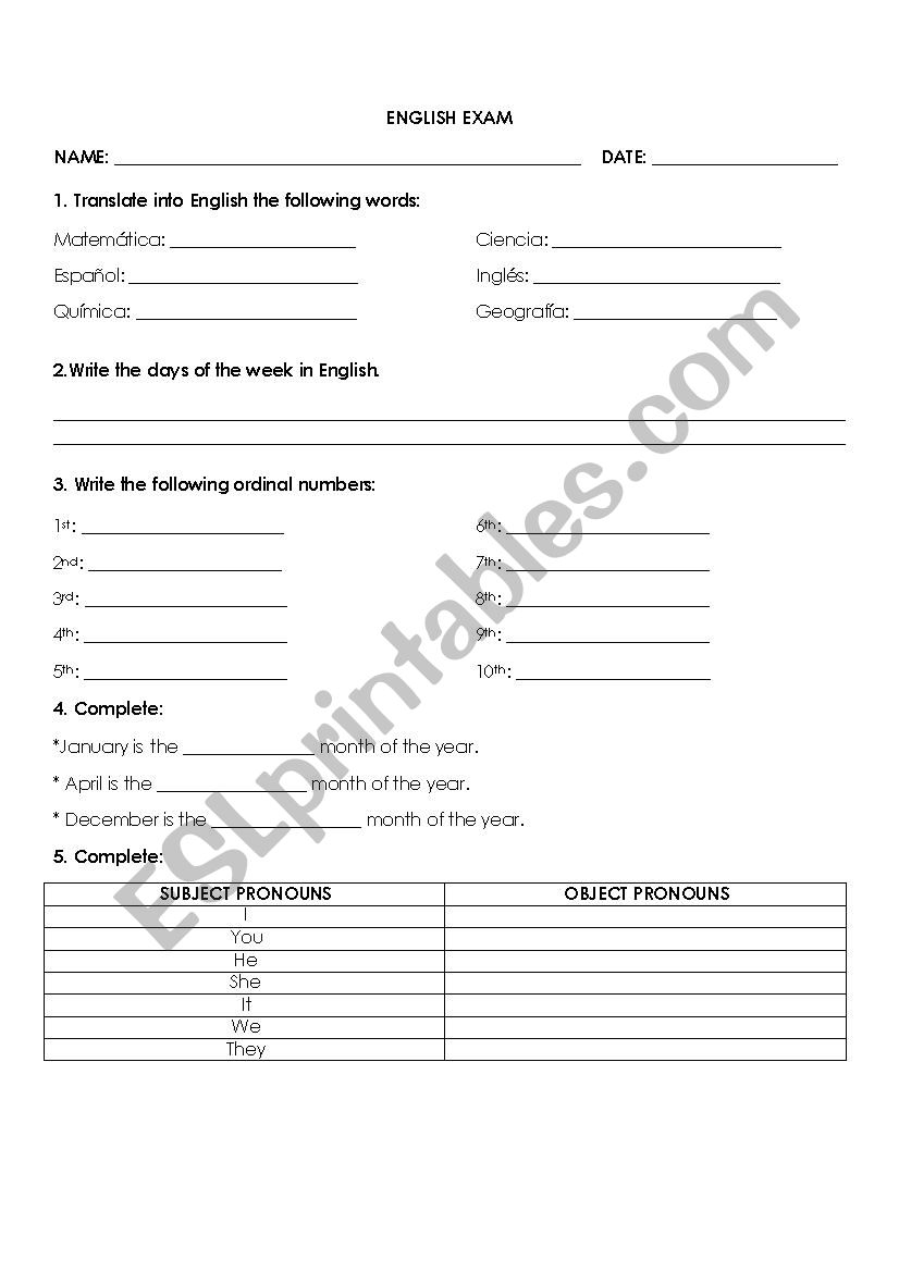 Subject and days of the week worksheet