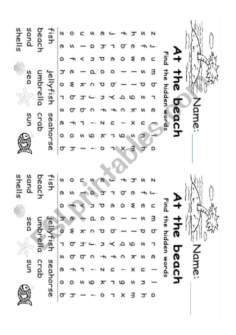 At the beach word search worksheet