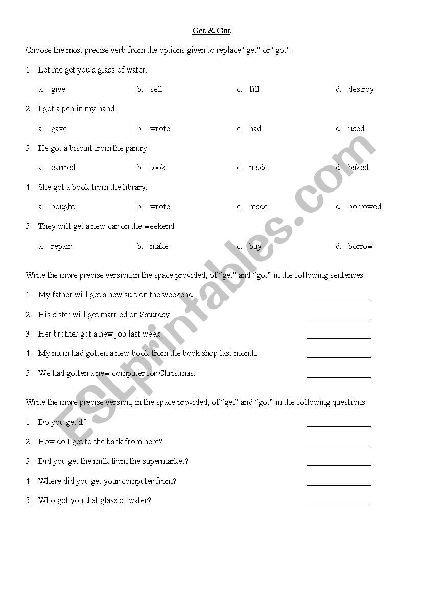 Get and Got worksheet