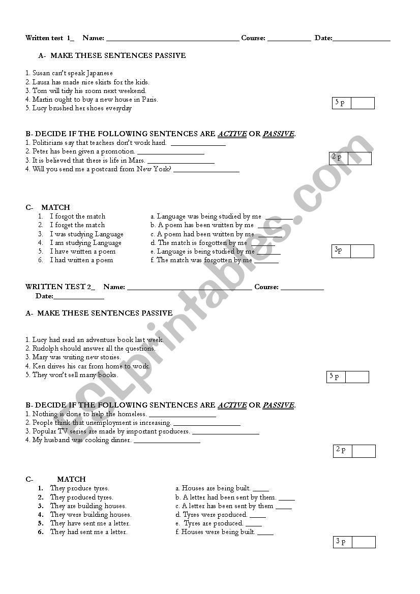 PASSIVE VOICE 4 TESTS  worksheet