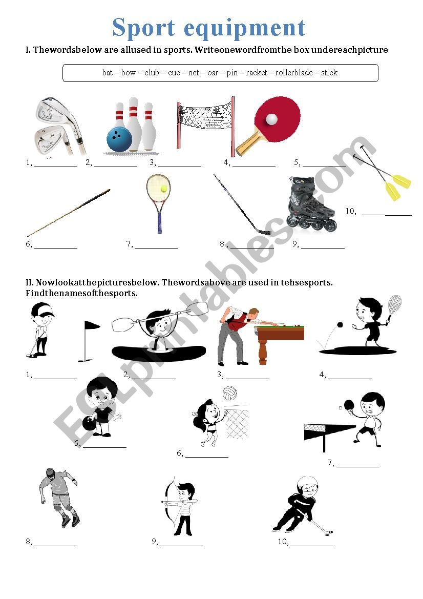 Sport equipment worksheet