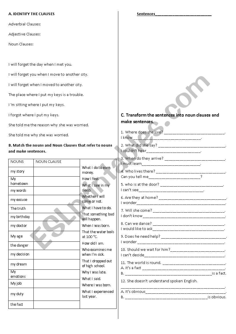 Noun Clauses Warm Up Worksheet