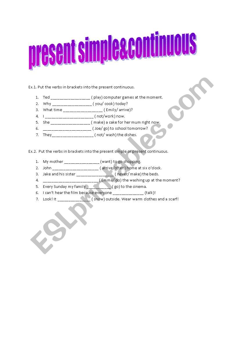 Present Simple& Continuous worksheet