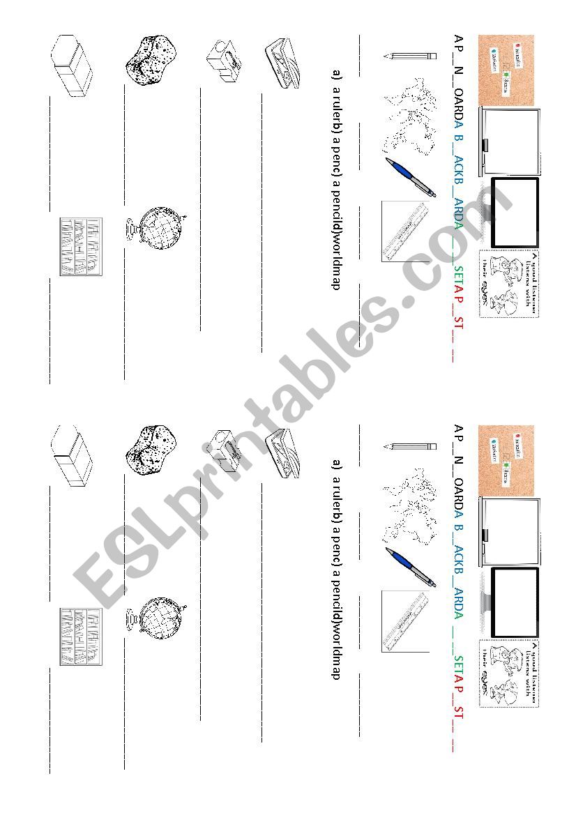 Schoolthings in a classroom worksheet