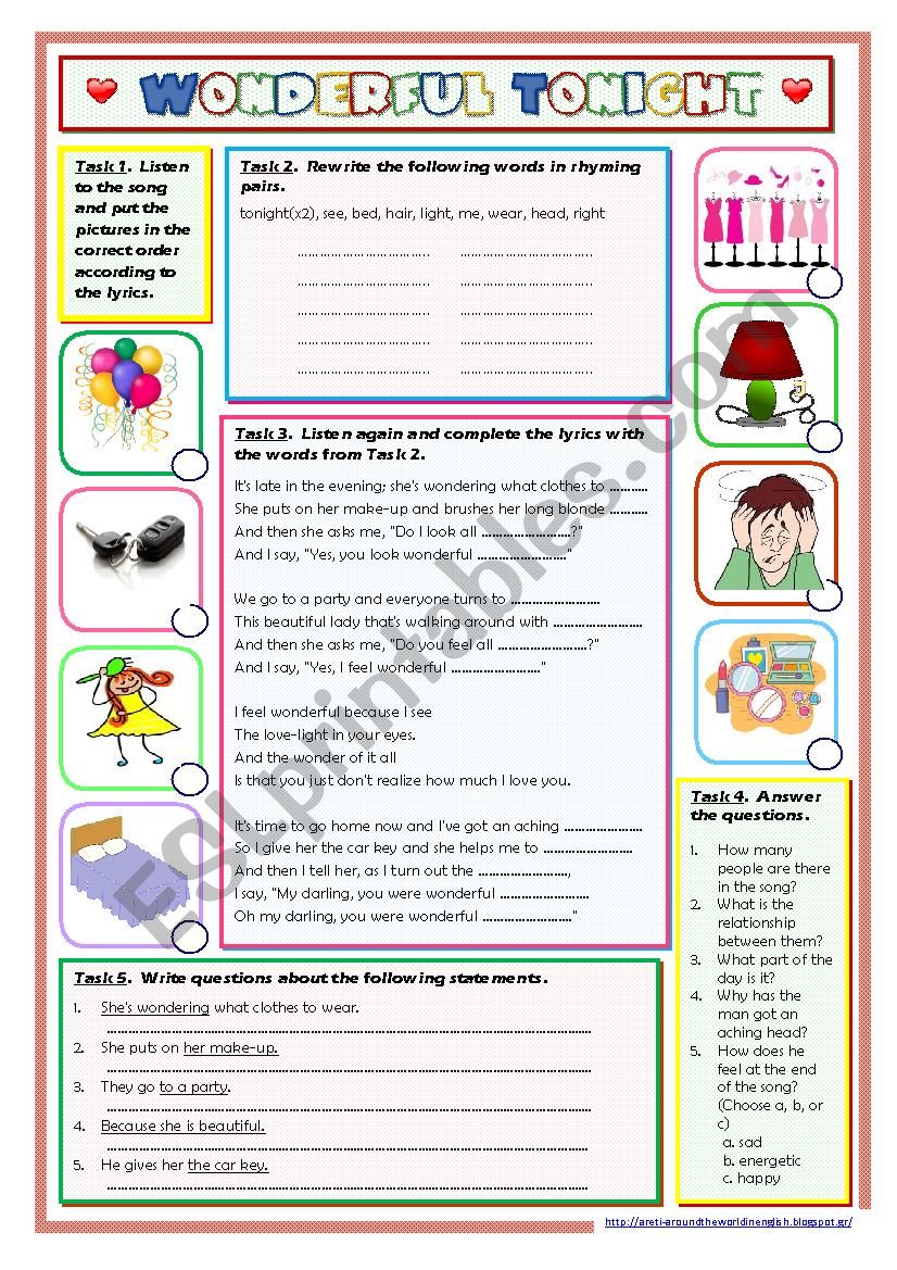 Wonderful Tonight (song) worksheet