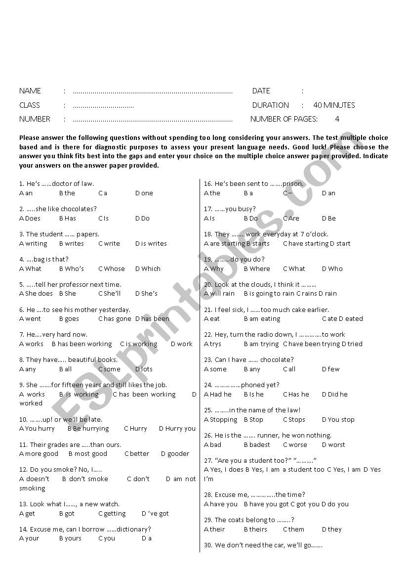 GRAMMAR DIAGNOSTIC TEST worksheet