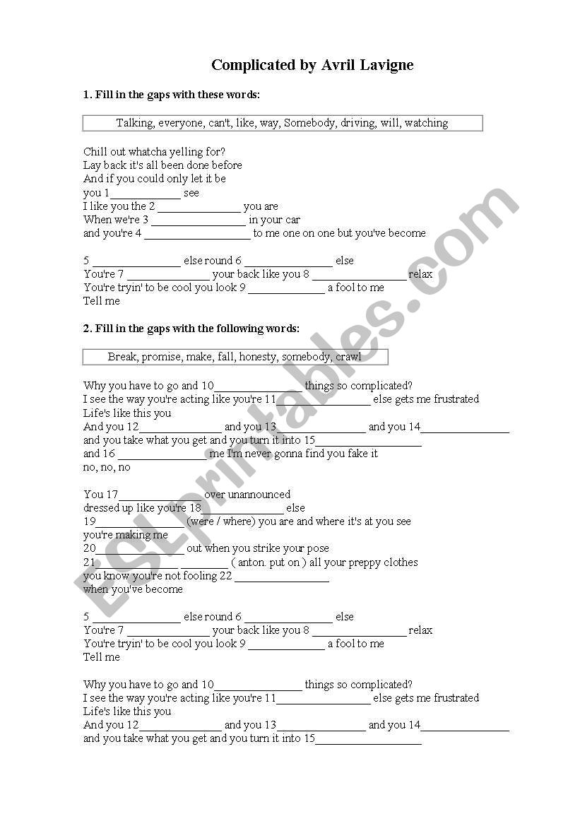 avrile lavigne_complicated worksheet