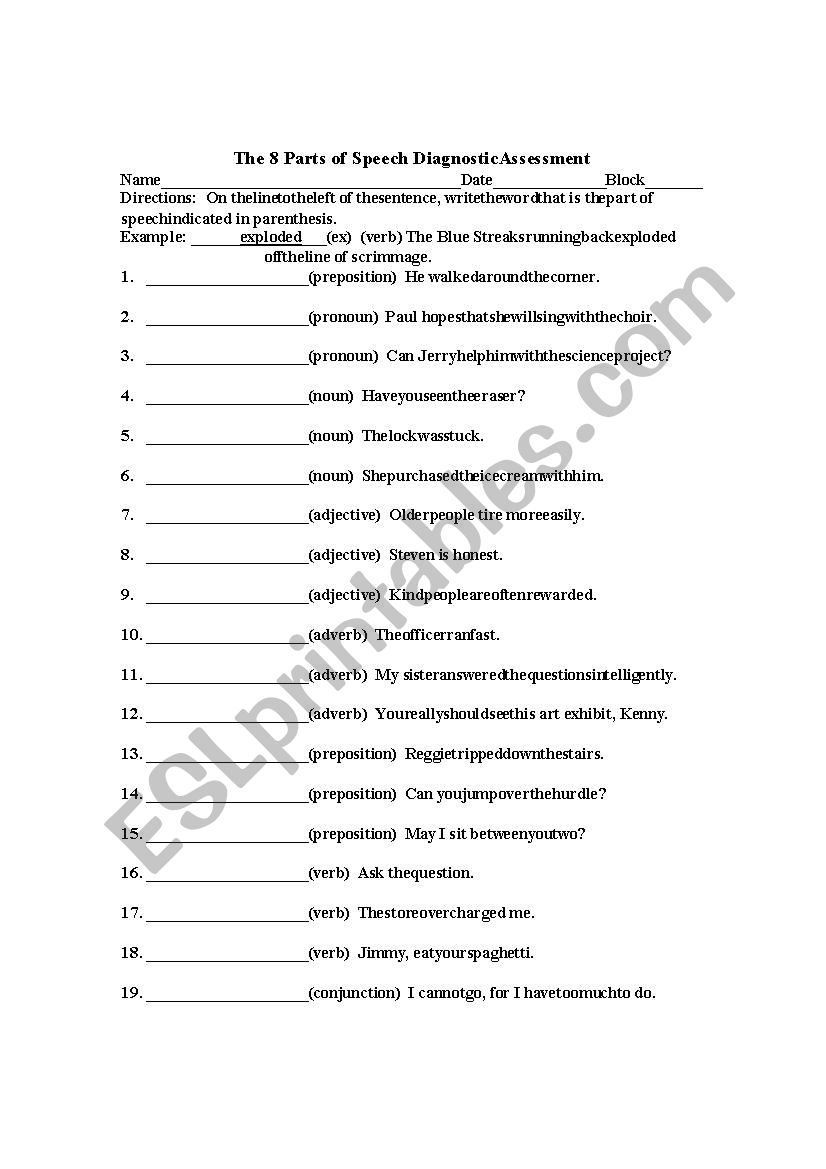 THE 8 PARTS OF SPEECH ASSESSMENT