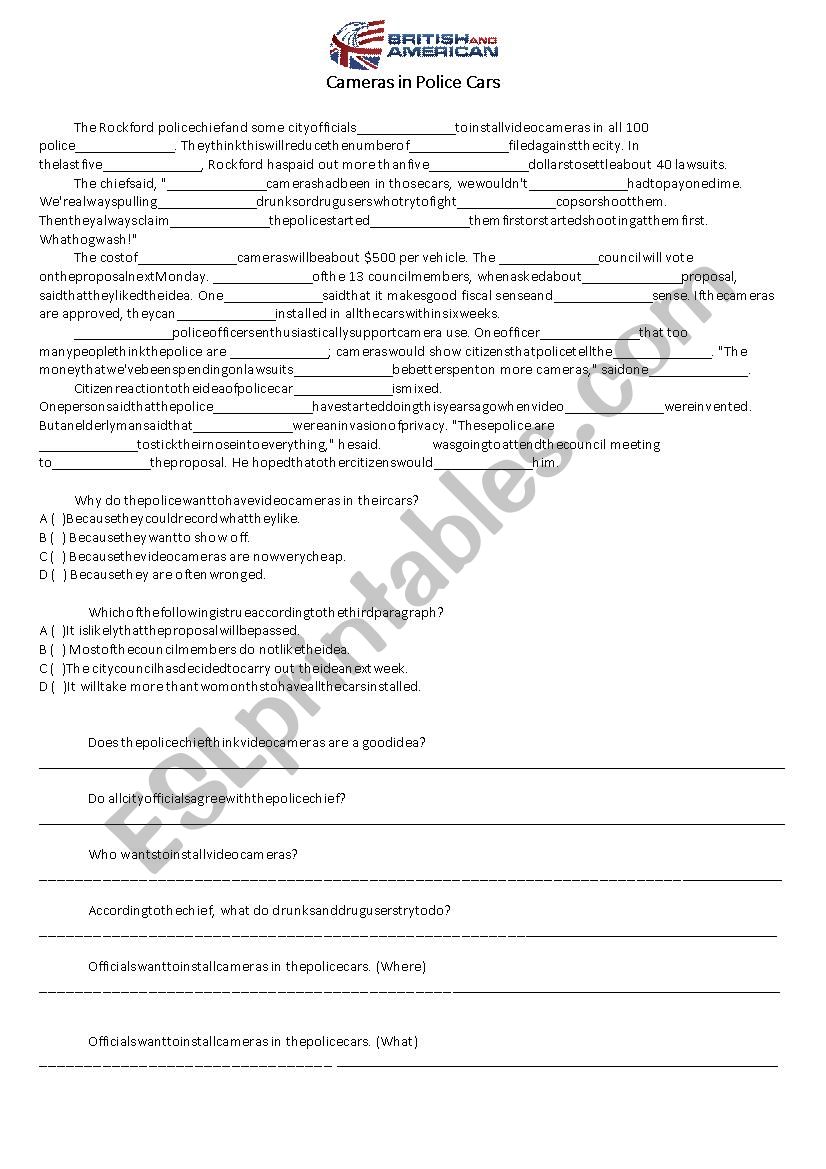 Cameras in police cars worksheet