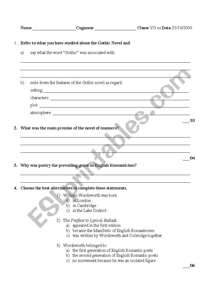 From Gothic to Romanticism worksheet