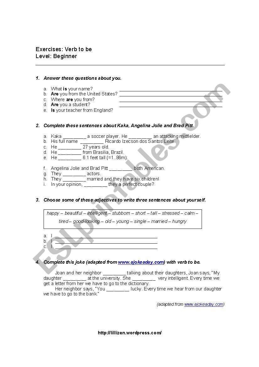 verb to be exercise worksheet