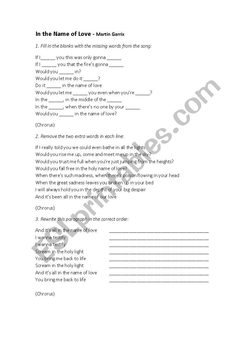 In the name of love worksheet
