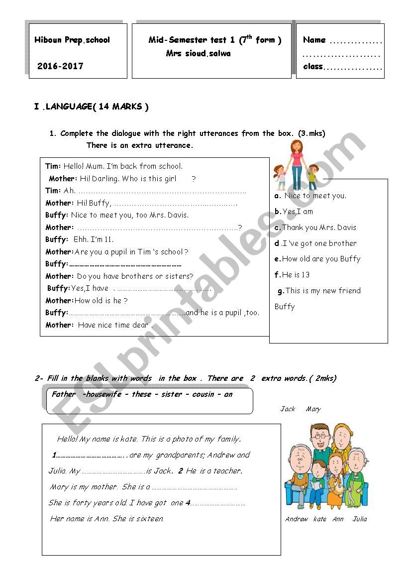 mid emester test  7th grade worksheet