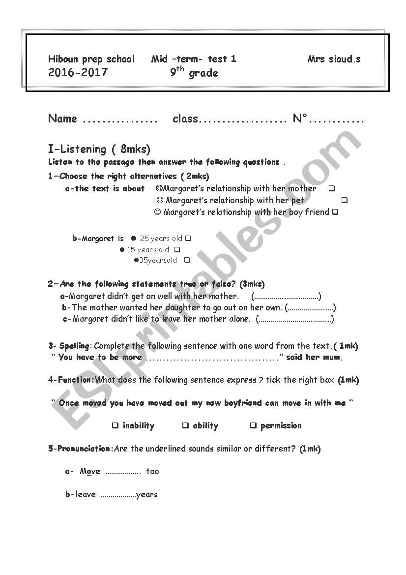 mid semester 1  test 9th form worksheet