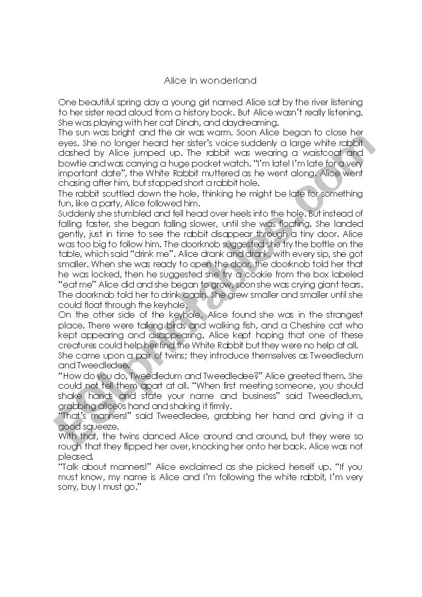 alice in wondderland worksheet alice in wondderland worksheet